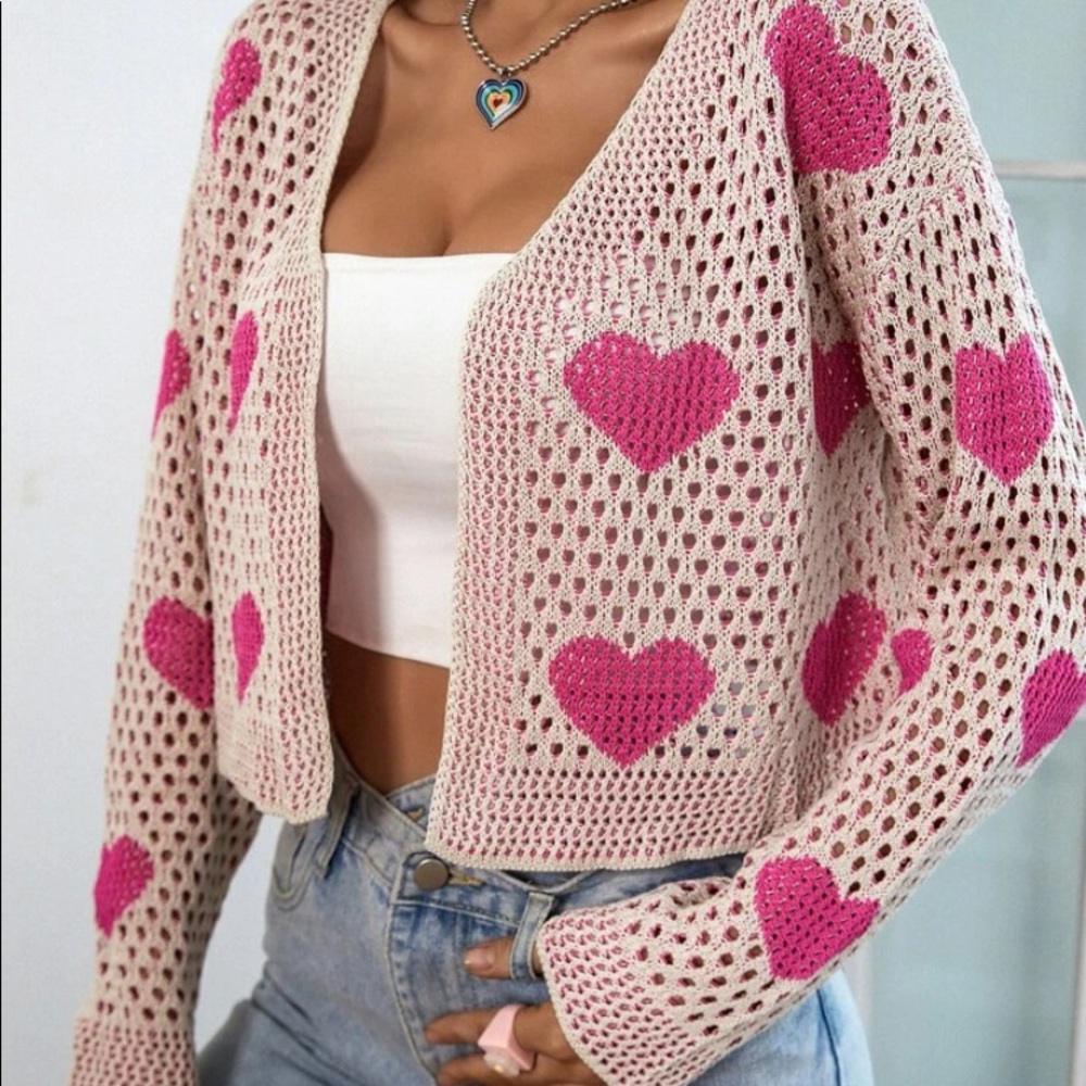 Delilah Wear Crochet Heart Cardigan - Cream & Hot Pink - Picture 2 of 7